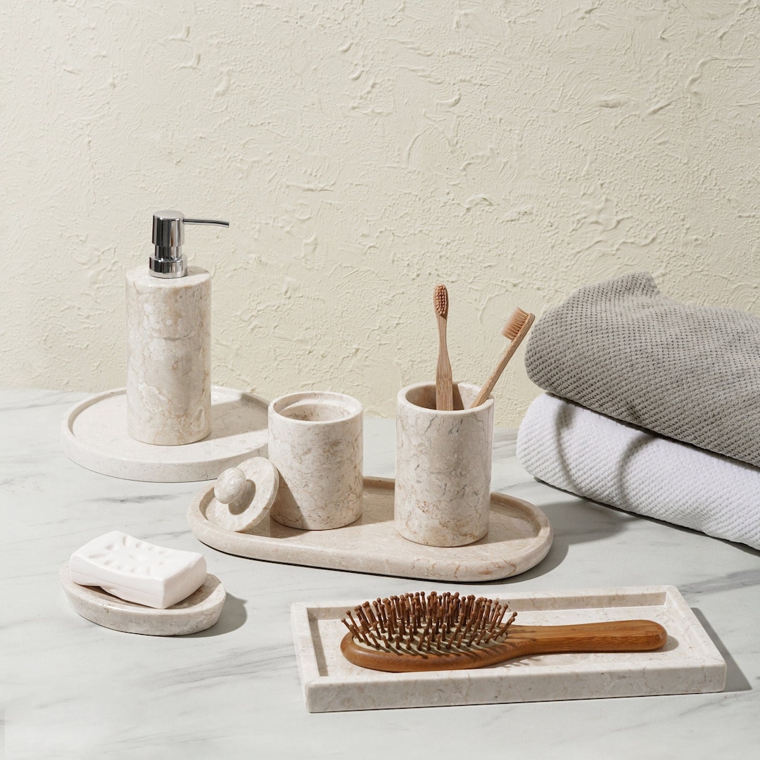 5 Pieces Marble Bathroom Accessories/ Beige Marble Bathroom Accessories