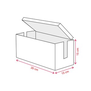 May include: A white cardboard box with a hinged lid. The box is 30 cm long, 15 cm wide, and 15 cm high.