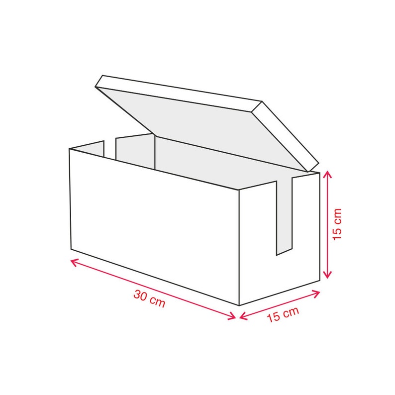 May include: A white cardboard box with a hinged lid. The box is 30 cm long, 15 cm wide, and 15 cm high.