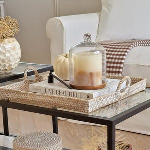 White Wash Woven Rattan Large Square Serving Tray | Wicker Tray for Summer Entertaining, Coffee Table Styling & Home Decor