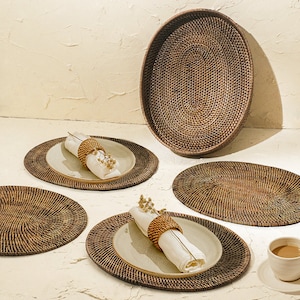 Oval Placemats sets with Holder with napkin ring option- Dark Brown Woven Rattan Gift for him/her Birthday gift