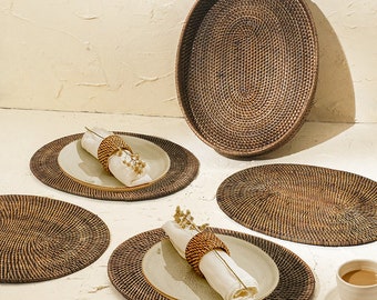 Oval Placemats sets with Holder with napkin ring option- Dark Brown Woven Rattan Gift for him/her Birthday gift