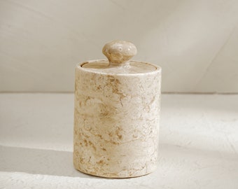 Handcrafted Beige Marble Canister with Lid - Bathroom Organizer