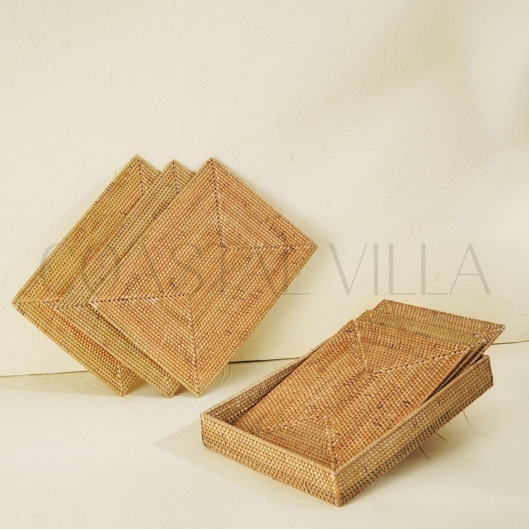 Rectangular Placemats With Holder and Coasters Natural Woven Rattan