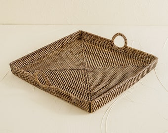Serving tray for decor square with handles / Wicker tray / Rattan Serving tray / Summer events and party serving tray / coffee table tray