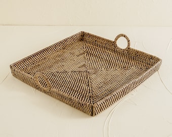 Serving tray for decor square with handles / Wicker tray / Rattan Serving tray / Summer events and party serving tray / coffee table tray