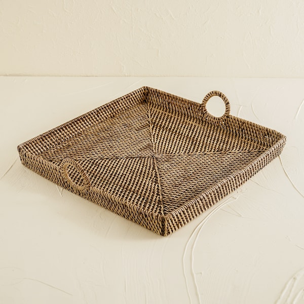 Serving tray for decor square with handles / Wicker tray / Rattan Serving tray / Summer events and party serving tray / coffee table tray