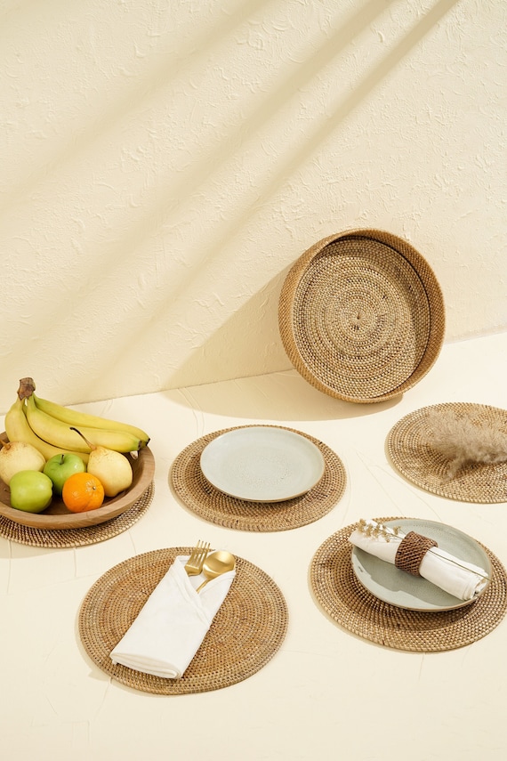 Round Placemats with Holder Natural Rattan / Wicker placemat. 25cm, 30cm and 35cm Gift for him/her Birthday gift