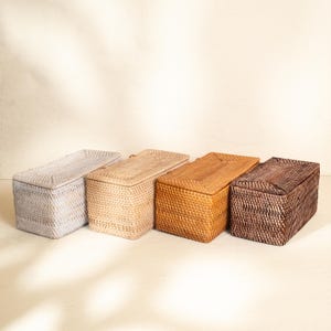 Puede incluir: Cuatro cajas de almacenamiento rectangulares trenzadas con tapa, dispuestas en fila. Las cajas presentan un patrón de tejido apretado y uniforme, y se muestran en un degradado de colores que va del gris claro al beige, al bronceado dorado y al marrón oscuro.