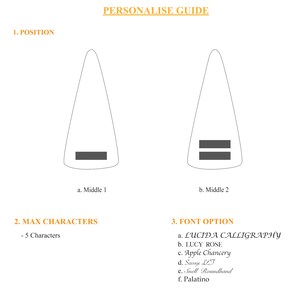 May include: A guide for personalizing a product with two options for text placement, a maximum of 5 characters, and a list of 6 font options: Lucida Calligraphy, Lucy Rose, Apple Chancery, Savoye LET, Snell Roundhand, and Palatino.