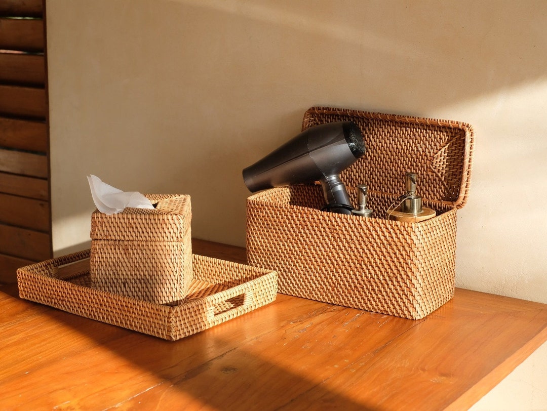 Rattan Tote Rectangular Storage Basket L 33 X W25 X H12 Cm 