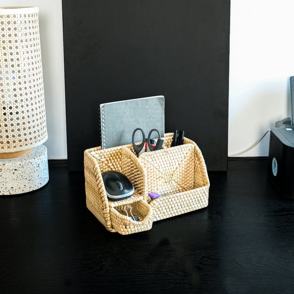 Office desk stationary holder-Handmade rattan boho desk organisation - Natural Gift for him/her Birthday gift