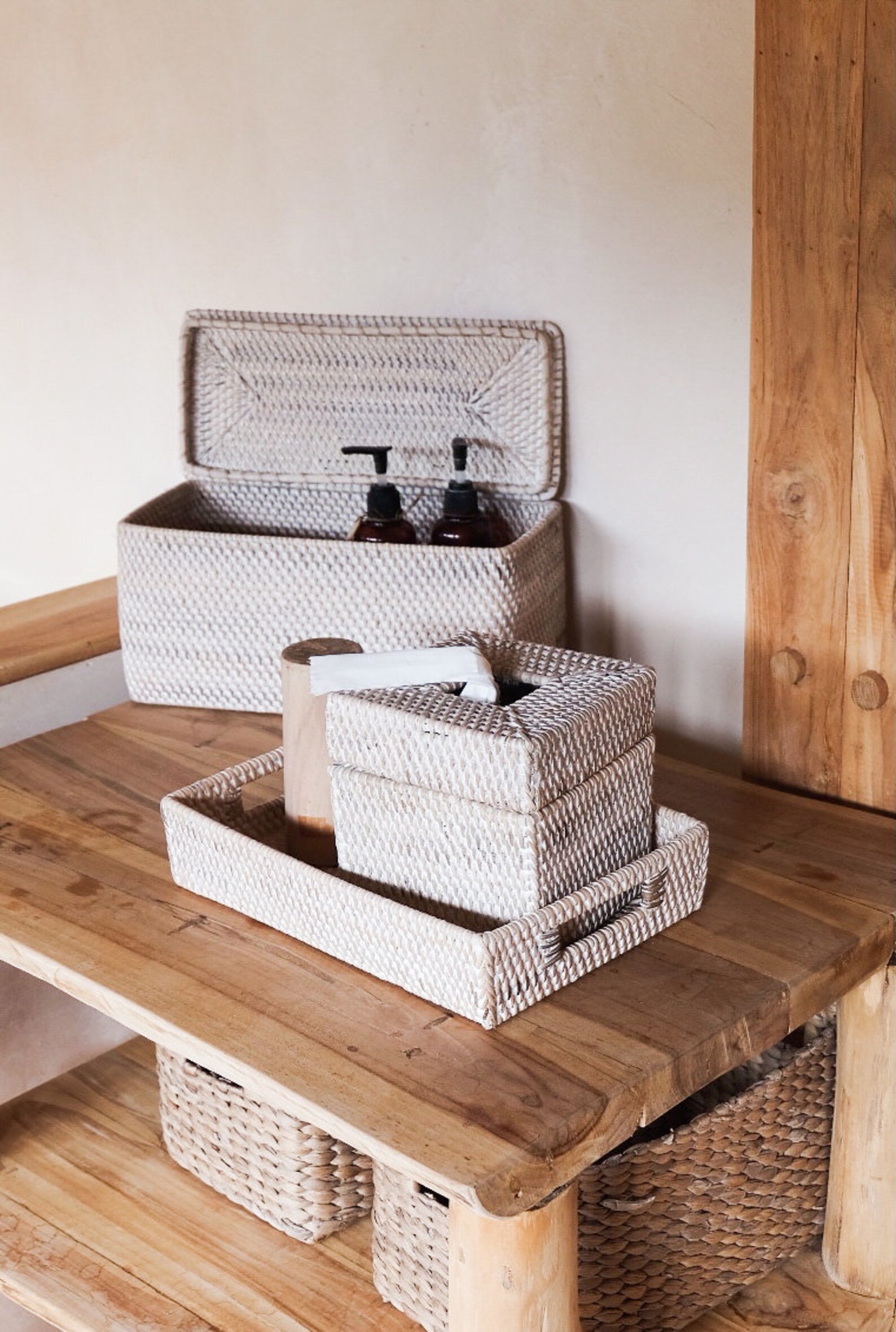 Rattan Bathroom accessories set / White washed bathroom Etsy