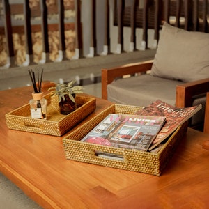 May include: Two woven wicker trays, one with a small potted plant and a glass bottle with reeds, the other with a stack of magazines with the text "Interiors in Red" and "Living" visible.