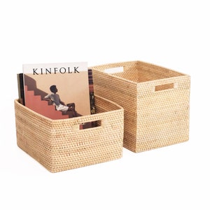 Two woven rattan storage boxes/baskets showing what the custom boxes would look like if created in a natural rattan colour.