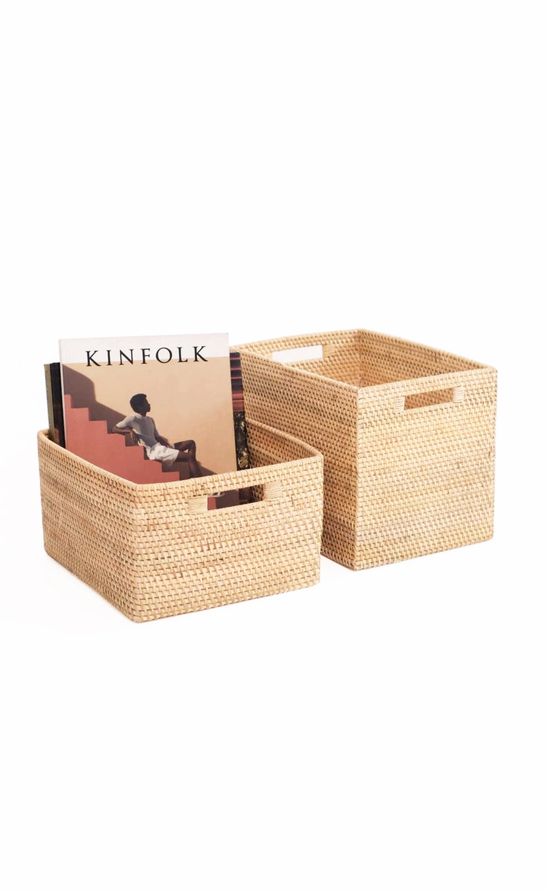 Two woven rattan storage boxes/baskets showing what the custom boxes would look like if created in a natural rattan colour.