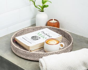 White Wash Tampa Rattan tray 35cm, 30cm and 25cm / Rattan Tray / Wicker round tray / white tray Gift for him/her Birthday gift