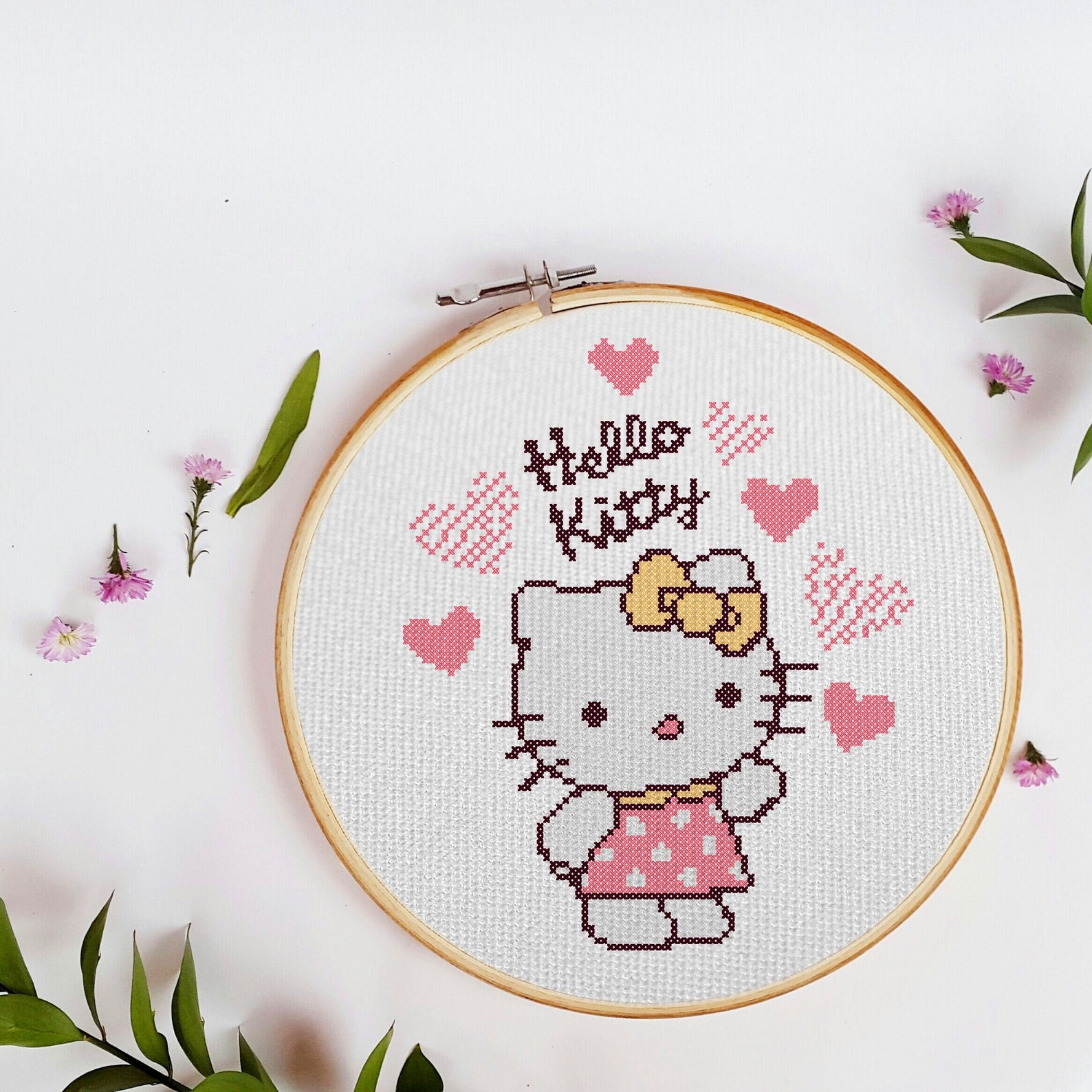 Hello Kitty pink with hearts cross stitch pattern Etsy