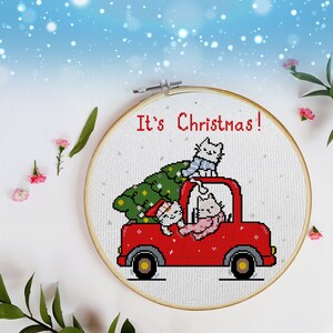 Christmas truck with tree and cats, cross stitch pattern
