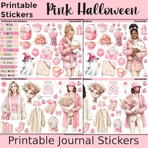 Könnte beinhalten: Ein Bogen mit druckbaren Aufklebern mit der Aufschrift Pink Halloween und Printable Journal Stickers. Die Sammlung enthält Illustrationen in Rosa, darunter Geister, Kürbisse, Blumensträuße, Kleidung, Planer und Figuren in rosa Outfits.