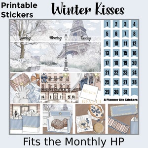Maandelijkse winterafdrukbare plannerstickers: gemaakt om te passen bij de klassieke Happy Planner – Winter Kisses