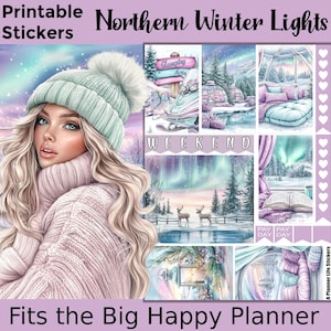 Adesivos de planejador de inverno para impressão: feitos para caber no grande planejador feliz – Northern Winter Lights