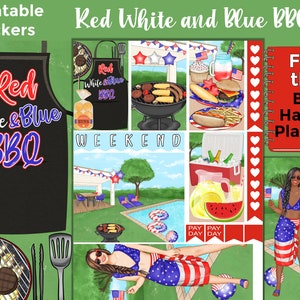 Afdrukbare planner-stickers van 4 juli: gemaakt om te passen bij de Big Happy Planner - rood-witte en blauwe BBQ