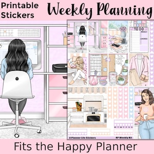 May include: Printable stickers for a weekly planner with a pink and white color scheme. The stickers feature illustrations of women, a kitchen, and a desk. The text "Weekly Planning" is at the top of the image. The text "Fits the Happy Planner" is at the bottom of the image.