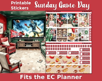 May include: Printable planner stickers with a football theme. The design includes images of a football game, snacks, and weekly calendar stickers. Text includes "Sunday Game Day", "Fits the EC Planner", and "Let's Go!"