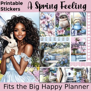 May include: A set of printable planner stickers featuring a woman with a bunny, a bird, a teapot, flowers, and a swing set. The stickers are designed for the Big Happy Planner and have the text "A Spring Feeling" and "Weekend".