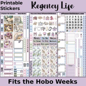 May include: Printable planner stickers with a Regency theme, featuring illustrations of carriages, fans, and floral designs. Includes sections for Hobo Weeks, appointments, and notes. The stickers are in pastel colors and include the text "Regency Life".
