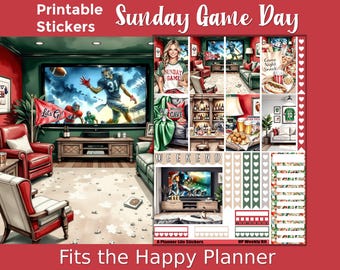 May include: Printable stickers for the Happy Planner, with a football theme. The design includes a living room scene with a large TV, a woman wearing a "Sunday Game" shirt, and various game day snacks. Text includes "Sunday Game Day", "Weekend", and "Fits the Happy Planner".
