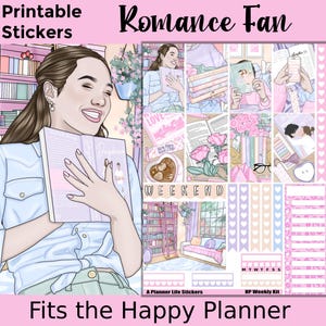 Könnte beinhalten: Ein Stickerbogen mit rosa Thema, mit einer lächelnden Frau, die ein Buch hält, und verschiedenen Planerelementen. Die Texte "Printable Stickers", "Romance Fan" und "Fits the Happy Planner" sind sichtbar.
