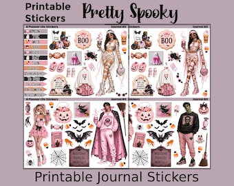 Puede incluir: Una colección de pegatinas imprimibles para diario con ilustraciones de Halloween que incluyen fantasmas, calabazas, murciélagos, lápidas con texto como 'BOO' y 'WELCOME FOOLISH MORTALS', y personajes estilizados con ropa rosa y negra.