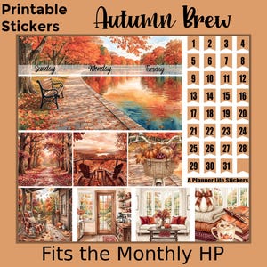 以下が含まれることがあります： Autumn BrewおよびFits the Monthly HPと書かれた印刷可能なステッカーシート。公園のベンチ、森の小道、カボチャのバスケットを載せた自転車、居心地の良い室内風景など、秋をテーマにしたイラストが描かれています。1から31までの日付フラグと、A Planner Life Stickersというテキストが含まれています。