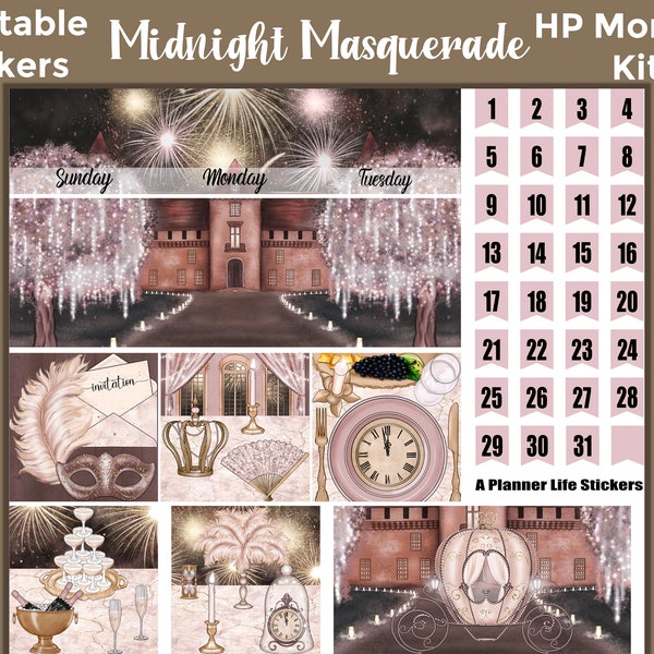 Monthly New Year Printable Planner Stickers: Made to Fit the Classic Happy Planner – Midnight Masquerade