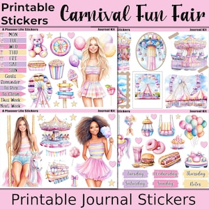 May include: Printable stickers with a carnival theme, featuring illustrations of a Ferris wheel, carousel, and people. The stickers include planner life stickers and journal kit stickers. The text includes "Carnival Fun Fair" and "Printable Journal Stickers."