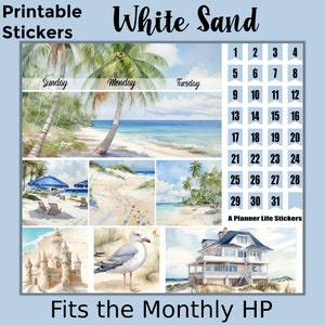 Maandelijkse afdrukbare strandplannerstickers: gemaakt voor de klassieke Happy planner – wit zand