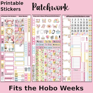 May include: Printable planner stickers with a patchwork theme. The stickers include a weekly calendar, a to-do list, and a notes section. The stickers are designed to fit the Hobo Weeks planner.