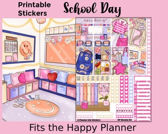 Könnte beinhalten: Ein farbenfrohes Planer-Aufkleberblatt mit Schulthema. Das Design umfasst eine Klassenzene, Schulmaterialien und wöchentliche Planerelemente. Der Text enthält "Printable Stickers", "School Day" und "Fits the Happy Planner".
