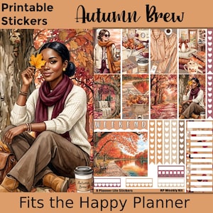 Könnte beinhalten: Ein Set aus druckbaren Aufklebern mit dem Titel Autumn Brew, entworfen für den Happy Planner. Das Blatt enthält Illustrationen einer Person in cremefarbenem Pullover und weinrotem Schal, Herbstlandschaften, Kürbisse, Kaffeetassen und Planerelemente.
