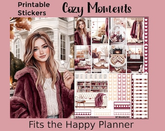 Może przedstawiać: Arkusz naklejek cyfrowych o przytulnym motywie, z ilustracjami kobiety, pianek marshmallow i jesiennych scen. Tekst zawiera "Printable Stickers", "Cozy Moments", "Weekend" i "Fits the Happy Planner."