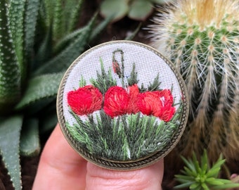 Hand Embroidered Brooch Pin - Red Poppies