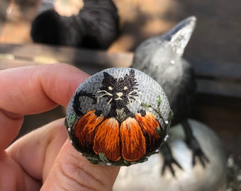 Hand Embroidered Brooch Pin - Pumpkin and a Black Cat