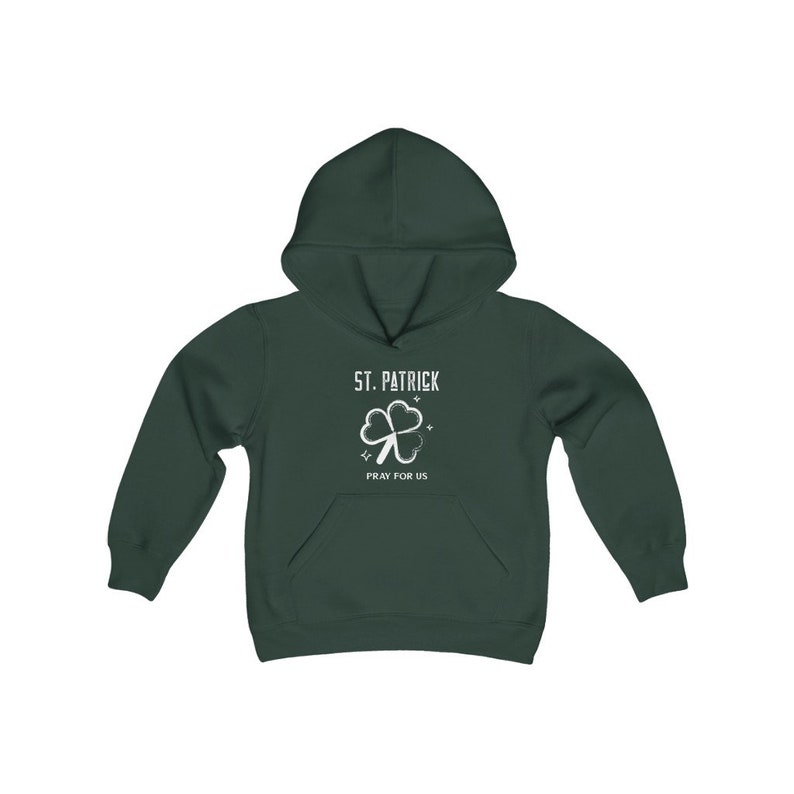 May include: A dark green hooded sweatshirt with a white shamrock and the text "St. Patrick Pray for Us".