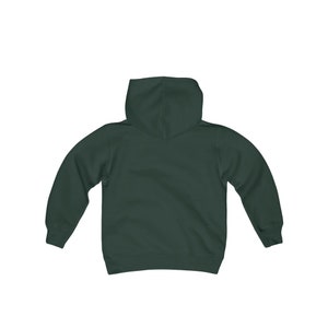 May include: A dark green hooded sweatshirt for kids. The sweatshirt has a pouch pocket and long sleeves.