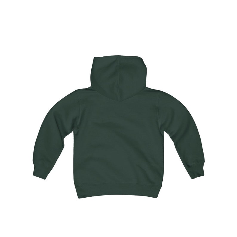 May include: A dark green hooded sweatshirt for kids. The sweatshirt has a pouch pocket and long sleeves.
