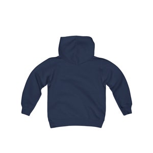 May include: A navy blue hooded sweatshirt for kids. The sweatshirt has long sleeves and a pouch pocket.