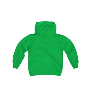 May include: A bright green hooded sweatshirt for kids. The sweatshirt has a pouch pocket and long sleeves.