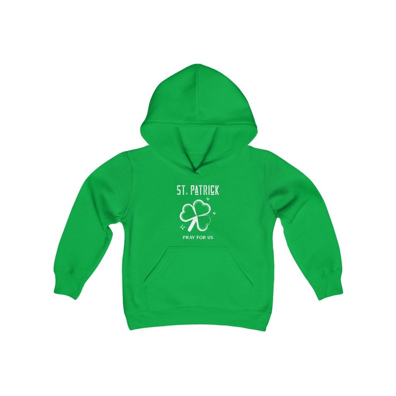 May include: A green hooded sweatshirt with a white shamrock and the text "St. Patrick Pray for Us".